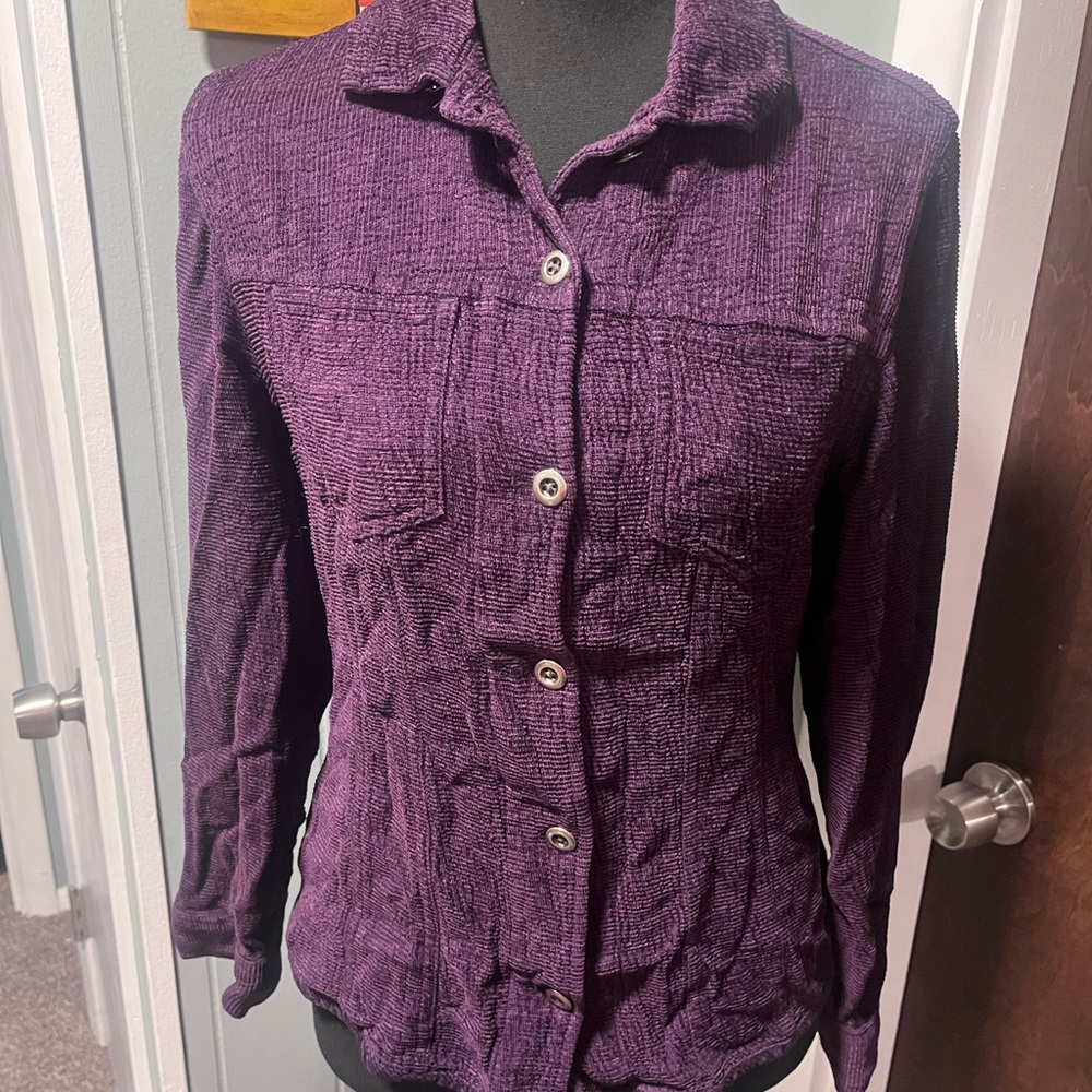 Chico's Textured Woven Silk Blend Shirt Jacket Size 4 (Tag Size 0) Dark Purple